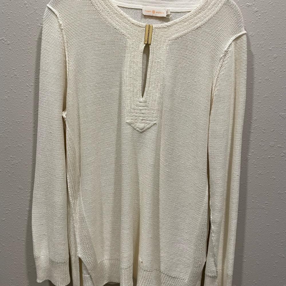 Tory Burch Cream Tunic Sweater with gold logo clasp
